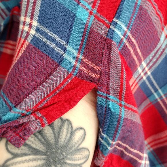 Harley Davidson Red White Blue Plaid Patch/Embroidered Short Slv ButtonUp Top 2X - Picture 8 of 12